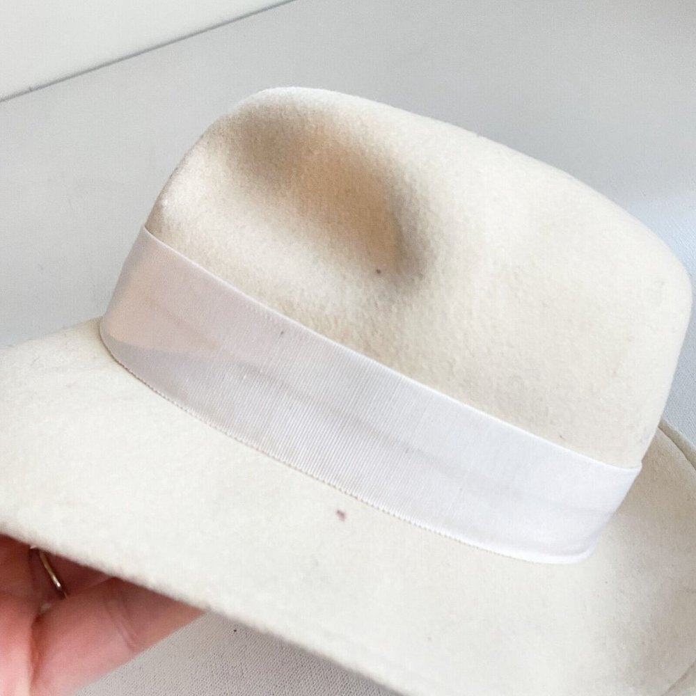 Vintage Eaton's Cream Ivory Bow Feather Detail  Unisex Fedora M - Picture 5 of 8